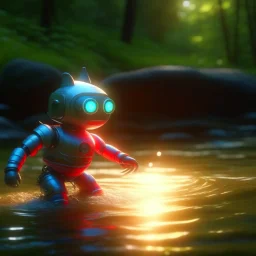 cute blessed chat robot catching a big fish in a river stream, 8k, downlight, soft light, depth of field, photorealism, trending on art station, lotsa detail