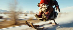 close up on gnome troll hit man with rocket boots in suit on a mech sled doing jumping stunt in winter wasteland, style of fallout 4, high speed with motion blur, on elevated road, gnome doing a pose on the sled