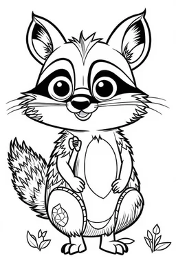 cute coloring page, sketch style, cute baby raccon in the wood, cute cartoon, white and black, withe background, no shadows, outline.