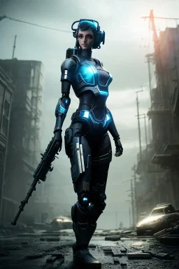 beautiful girl gun hold robot, post-apocalyptic in a cyberpunk city, realistic, intriacte detail, sci-fi fantasy style, volumetric lighting, particales,highly detailed,cinamatic, deep