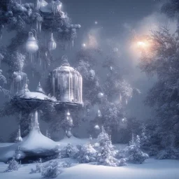 winter landscape, bells, ice, dreamy, science fiction