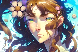 swirly portrait of freckled young woman with fringed wavy brown hair and light blue eyes, wearing vines and flower buds, symmetrical face, accurate anatomy, cel-shaded, cinematic lighting, ultra-fine details, acrylic painting by tite kubo and anna dittman and tetsuya nomura and gustave dore