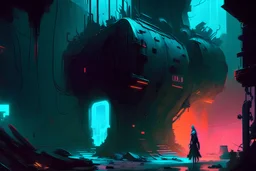 Techno bunker, digital artwork, futuristic, dark atmosphere, neon lights, cyberpunk aesthetic, detailed textures, sci-fi concept, art by Peter Mohrbacher and Syd Mead, trending on ArtStation.