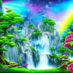 paysage féerique avec cascades, arbres, fleurs, jolie fée, arc en ciel, porte des étoiles