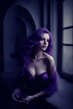 super beauty woman, good body, cute big bubs, nice body, purple long haired, model style, milf, rude mode, stay into a dark castle, moonlight on window, ravens an candles, old swatch, wall older