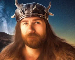 a sad and lonely viking looking up at the stars at night, hyper realistic, 8k, insane detail, atmospheric background, crying eyes, big fur coat, long braided hair, sharp focus, soft background, dynamic lighting, viking helmet, night time