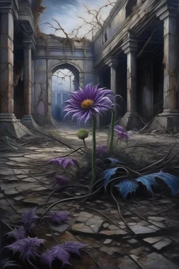 Oil painting of a purple flower amid withered and dead flowers in an abandoned garden in an abandoned palace in the ancient era Photorealistic