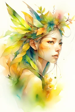 fairy, hispanic, Digital watercolor Illustration of a summerscape, leaves and flowers, by Cezanne, Carne Griffiths, Minjae Lee, Ana Paula Hoppe, Stylized watercolor art, Intricate, Complex contrast, HDR, Sharp, soft Cinematic Volumetric lighting, flowery pastel golden hour colours, wide long shot, perfect masterpiece