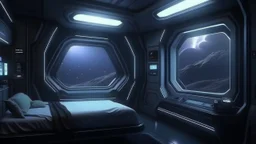 sci fi bedroom on spaceship, modern, dark lighting, window looking out into space, hyperrealistic, 4k