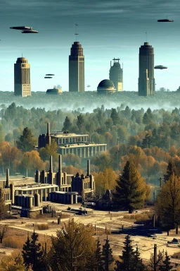 The remains of the city of Madison, Wi, as it would be depicted in the Fallout series of video games. Photorealistic, color