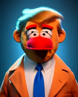 Waist up Portrait, Donald trump muppet, Sesame Street style, retro style, photo studio, blue background, unreal engine 5, god lights, ray tracing, RTX, lumen lighting, ultra detail, volumetric lighting, 3d.