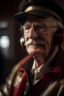 portrait of legendary air captain flamingo wearing googles tight leather and talking on phone,shot on Hasselblad h6d-400c, zeiss prime lens, bokeh like f/0.8, tilt-shift lens 8k, high detail, smooth render, down-light, unreal engine, prize winning