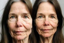 A selfie of a brunette woman, middle long hair, showing a 59-year-old European woman. She has brown hair, face without makeup, cute nose, detailed full lips, skin texture. Split screen and show the same face but without wrinkels and younger and more beautiful