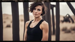 beautiful slender caucasian female technician, black tank top, well toned muscles, weathered face, scratched sand camo metal details, short brunette wavy bob haircut, dystopian, desert scene, using a handheld sensor