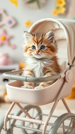 An extremely adorable fluffy kitten sitting in a baby stroller, wearing a small diaper. The stroller is pastel-colored, surrounded by a soft and whimsical background with toys and flowers. The kitten looks curious and playful, with big sparkling eyes and a soft light highlighting its fur. Ultra-detailed, photorealistic, soft focus, warm tones, a baby pushing the stroller