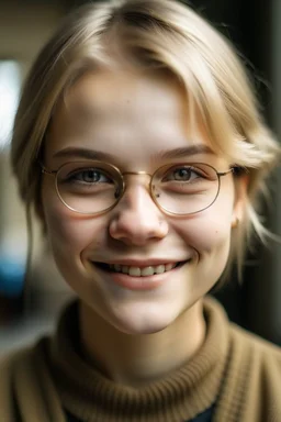 portrait of a 18 year old girl named Anna Petrov, friend of a main character of a youth novel, Slavic, full lips, blond short hair, glasses smiling