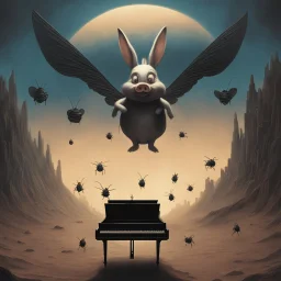 monochromatic black and white bugs bunny composer piano, diffrent planet, one swine pig piggy flying wasp angel, beksinski style daker theme dark black dark black monochromatic