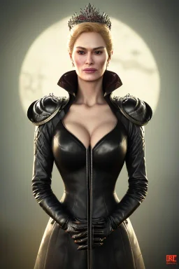 Cersei Lannister as evil queen in black leather coat, busty, cleavage, voluptuous, lena headay, angry, stern look. character design by cory loftis, fenghua zhong, ryohei hase, ismail inceoglu and ruan jia. unreal engine 5, artistic lighting, highly detailed, photorealistic, fantasy