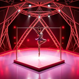 a picture of a gymnast lady show her performance on gymnastic parallel bar in a modern stage made of 3d geometric recursive structures and dynamic color lights
