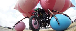 pinhole cam, airbrush 3d rendering, big tics and a cyberpunk robot The ninja priest Mantis ballooner, huge mech 🦗🥊 A bizarre upright flying hydraulic bicycle-creature, front wheel replaced by articulated mantis-like arms carrying enormous inflatable pillows, looking far too serious about complying with official pillow-fighting regulations.