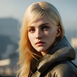 Photorealistic close-up of a beautiful blonde ninja with dystopian clothes and background