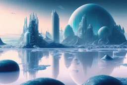 ice, lagoon, seashore, distant futuristic city, epic, sci-fi