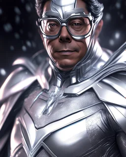 Gustavo Petro digital art in a silver Super Hero suit hyper-detailed depth of field 8k