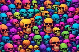 a field of 1000s of cartoonish, anatomically correct, skulls, vivid RANDOM BRIGHT neon colors, dark comedy, well lit, high detail, photorealistic, horrorcore, fun, scary, none featured, each a different color or hue,