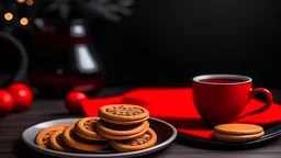 a red coffee cup and cookies on and gift decorations on the table, christmas season Generative AI