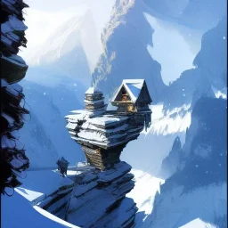 Chalet on bridges between chasm,mountains cliff, mountain peak,blue sky,detailed facades+beautiful, snow,richly detailed houses,abeti trees,+uphill road+biopunk+Book illustration by Gediminas Pranckevičius, Jean Baptiste Monge, Brian Kesinger, Anton fadeev, strong lines, high contrast vibrant colors, highly detailed, 16k resolution