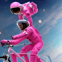 astronaut in pink suit flying through space on a bicycle