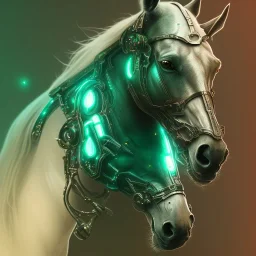 A beautiful portrait of an old cyborg horse green color scheme, high key lighting, volumetric light high details psychedelic background