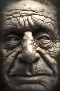 surrealis monochrome A fragmented, surreal sculpture liguid color of photorealistic image 3d,psychedelic art of an old man face glossy emerging from dreamlike a crumbling building. The face appears pale with deep cracks and intricate details, evoking a haunting expression. Blackened tree branches intertwine with the gold mengkilat cracks, set against a backdrop of stormy, cloud-filled skies. bauhaus art The overall tone is dark and moody, suggesting themes of decay and transformation. Include