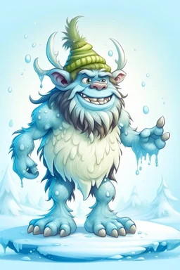 fantasy cartoon style illustration: mischievous Snow Troll. The troll is big, burly creatures with icicles hanging from their long, pointy noses. The Snow Trolls loved to toss snowballs for fun,