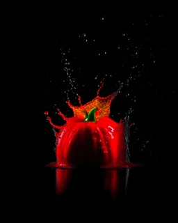 hd photograph of paprika, highspeed splash with water, paprika peaces flying arround, black background, high definition, cinematic lighting, depth of field, hyper realistic