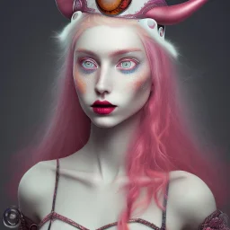 An imitating beauty. Pink witch made of fire with red eyes. Long curly wild pastel pink hair. Pink and red eyeshadow. Red lipstick. Pale skin with freckles and a round face. With a big pink witch hat.