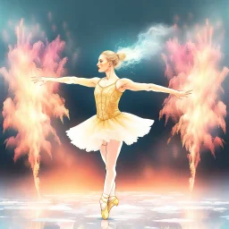 Double Exposure Blonde ballerina in gold embroidered dance clothes tiptoes on an ice surface, surrounded by smoke and fire rising from the ice surface and falling from the sky, with colorful fireworks in the background, breathtaking fantasy art, breathtaking digital art, stunning digital art. , dramatic fantasy art, surreal digital artwork , inspired by Liz Dharma, by Liz Dharma, magical realism and dark fantasy, trendy digital fantasy art, dark fantasy digital art, accurate and undistorted huma