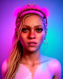 portrait, Shakira, blonde artist, Realistic image, drinking a strawberry milkshake, pink line make-up, sweat, fog, goddess style, Neon colors, leds. Color background, photo studio, concept art, smooth, unreal engine 5, god lights, ray tracing, RTX, lumen lighting, ultra detail, volumetric lighting, 3d, finely drawn, high definition, 4k.