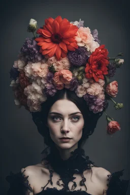 a woman in a costume with flowers on her head, a character portrait by Carla Wyzgala, unsplash contest winner, gothic art, studio photography, behance hd, photo taken with nikon d750