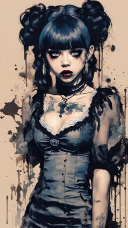 Poster in two gradually, a one side malevolent goth vampire girl face and other side the Singer Melanie Martinez face, full body, painting by Yoji Shinkawa, darkblue and sepia tones,