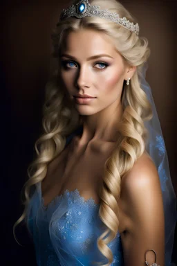dark brown wood panel background with an overhead spotlight effect, 18-year-old Princess, Elsa Jones, Blue eyes, bleach blonde hair, braided, head and shoulders portrait, wearing a blue, lacy Prom dress with a tiara, full color -- Absolute Reality v6, Absolute reality, Realism Engine XL - v1