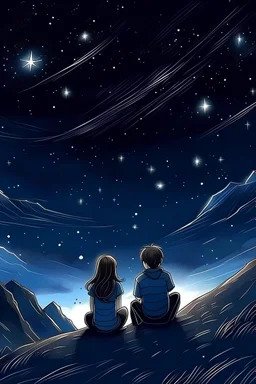 Draw an image of a girl and a boy in love under starry sky on mountains