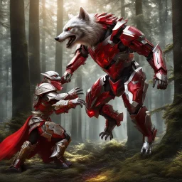 Silver and red armored humanoid wolf fighting a white and gold armored humanoid bear in the woods, incredibly hyper-detailed, artwork, 8k digital art