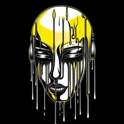 Highly detailed ink drawing of a beautiful men, dripping 3d gold from her eye's and he's mouth, black background, logo design, mascot, gaming podcast, headset