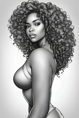 Create a coloring page of a beautiful curvy black female looking to the side with curly hair. No shading, No color, clean lines