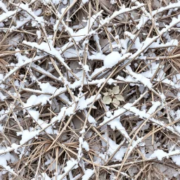 A detailed winter camouflage pattern. various shades of brown, beige, and off-white branches, twigs, and grasses covered in a layer of light gray and white snow. The branches are gnarled and textured, with varying thicknesses and shapes. The snow appears as a soft, subtle coating over the vegetation. The perspective is a close-up view of the camouflage pattern, filled with overlapping details that create a realistic representation of a wintry forest scene. muted colors, seamless tile