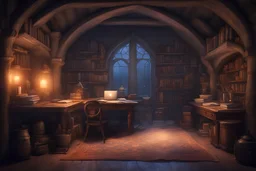 fantasy medieval study room at night