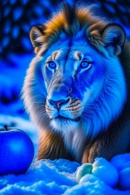 lion eat apple with snow and blue mood