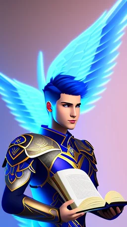 a human male with blue short hair and blue wings in assymetrical armor with geometric patterns and a book in hand, geometric wings