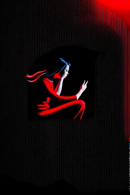 Image of a woman sitting alone, surrounded by shadowy figures whispering in her ear, suggesting the influence of manipulation and dark psychology on individual perceptions of attractiveness Give it a very dark frightening vibe. Use black and red theme.